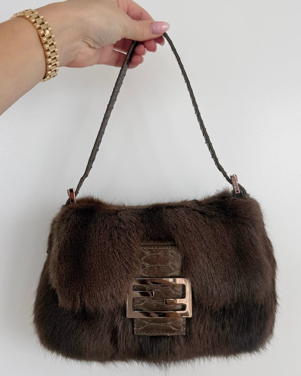 Fendi Vintage Brown Rabbit Fur Python Trim Mini Mamma Shoulder Baguette Bag