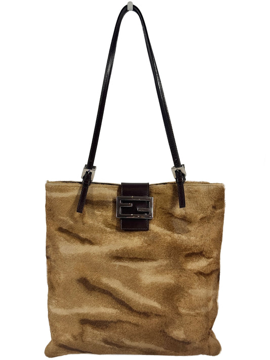 Fendi Vintage Beige Brown Giraffe Print Pony Hair Shoulder Baguette Tote Bag