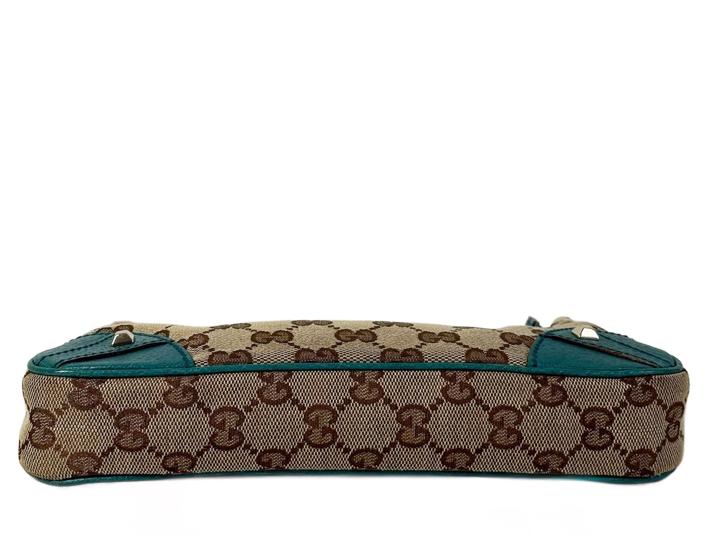 Gucci Vintage Brown GG Monogram Turquoise Leather Trim Chain Link Studded Shoulder Pochette Bag