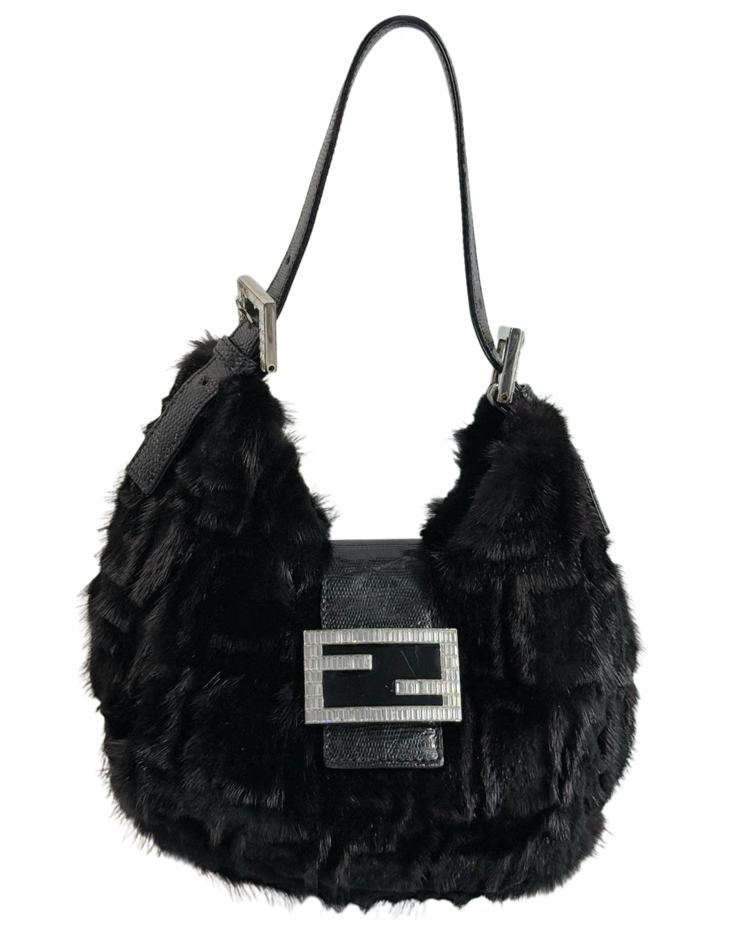 Fendi Vintage Black Zucca Mink Fur Crystal Logo Lizard Trim Shoulder Hobo Mini Baguette Bag