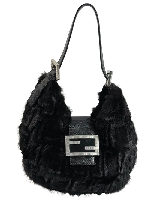 Fendi Vintage Black Zucca Mink Fur Crystal Logo Lizard Trim Shoulder Hobo Mini Baguette Bag