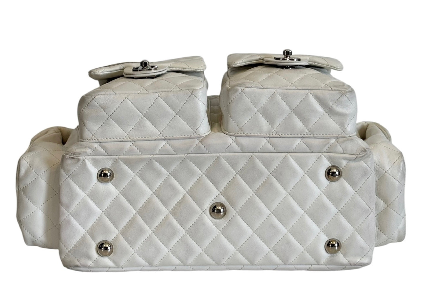 Chanel Vintage 00s White Quilted Lambskin Python CC Cambon Large Reporter Shoulder Bag