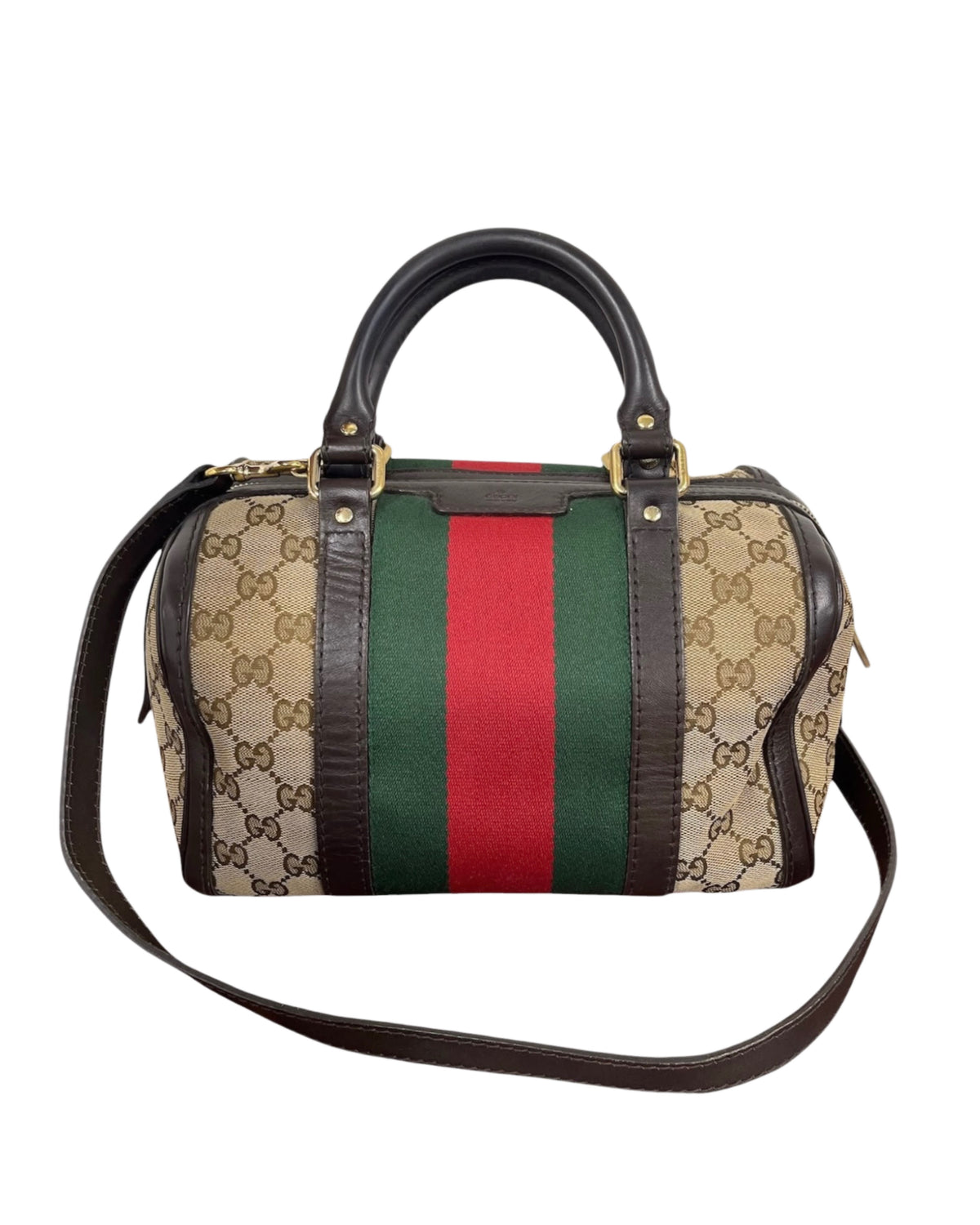Gucci Vintage Brown GG Monogram Webb Stripe Small Joy Boston Two-Way Bag
