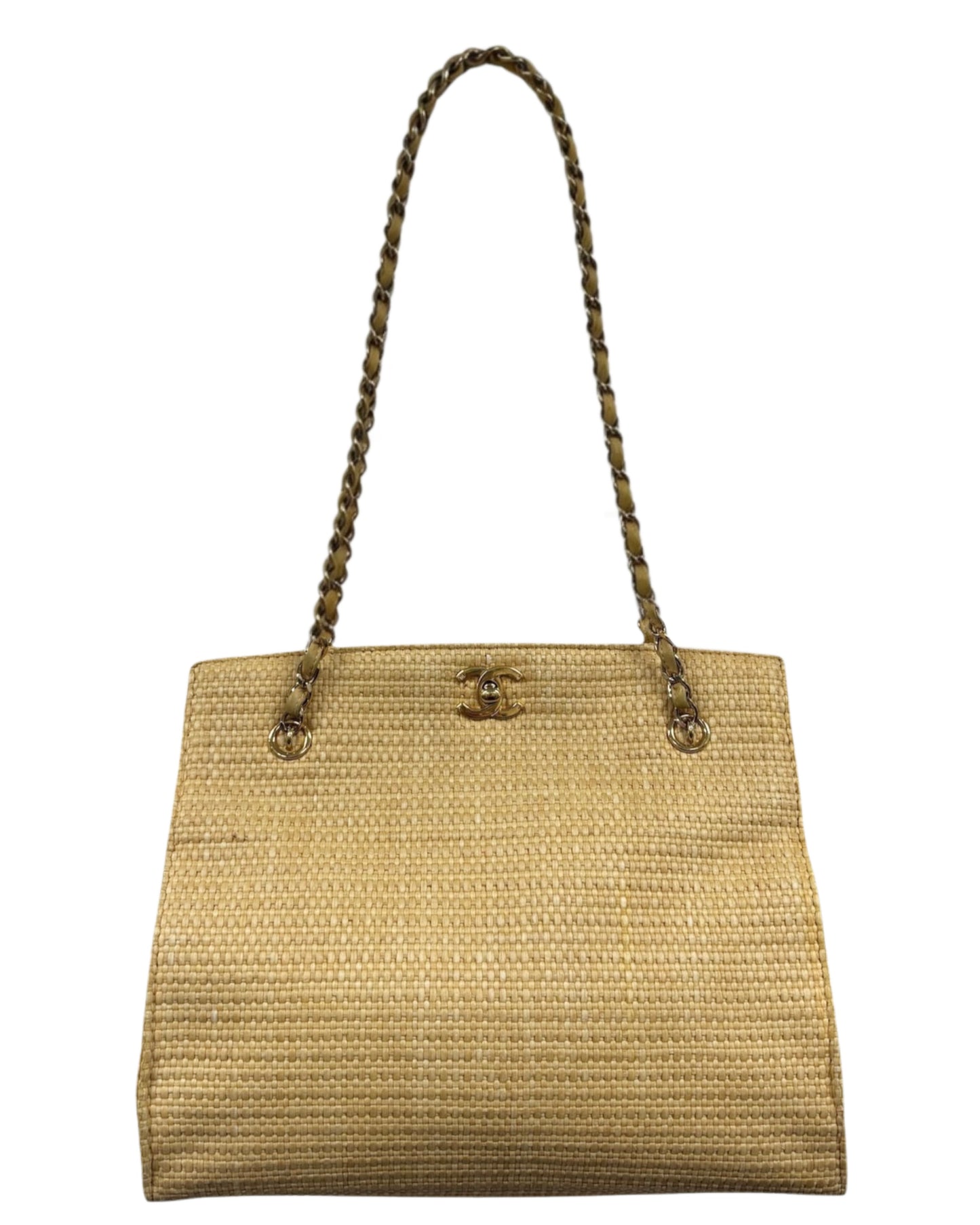 Chanel Vintage 2000 Beige Raffia Turnlock Shoulder Tote Bag with 24K Gold Plated Hardware 