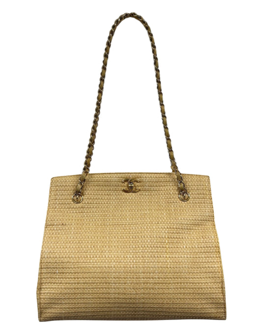 Chanel Vintage 2000 Beige Raffia Turnlock Shoulder Tote Bag with 24K Gold Plated Hardware 