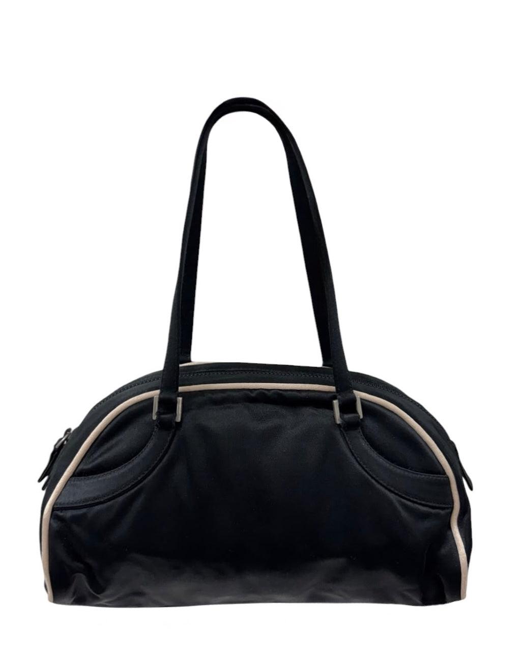 Prada Vintage Black Satin White Trim Mini Bowler Shoulder Pochette Bag