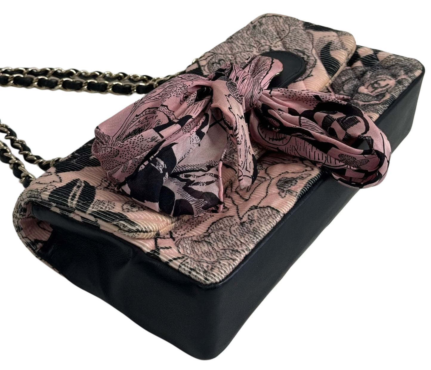 Chanel Pink & Black Corduroy CC Logo Camellia Motif Satin Bow Small Shoulder Classic Flap Bag