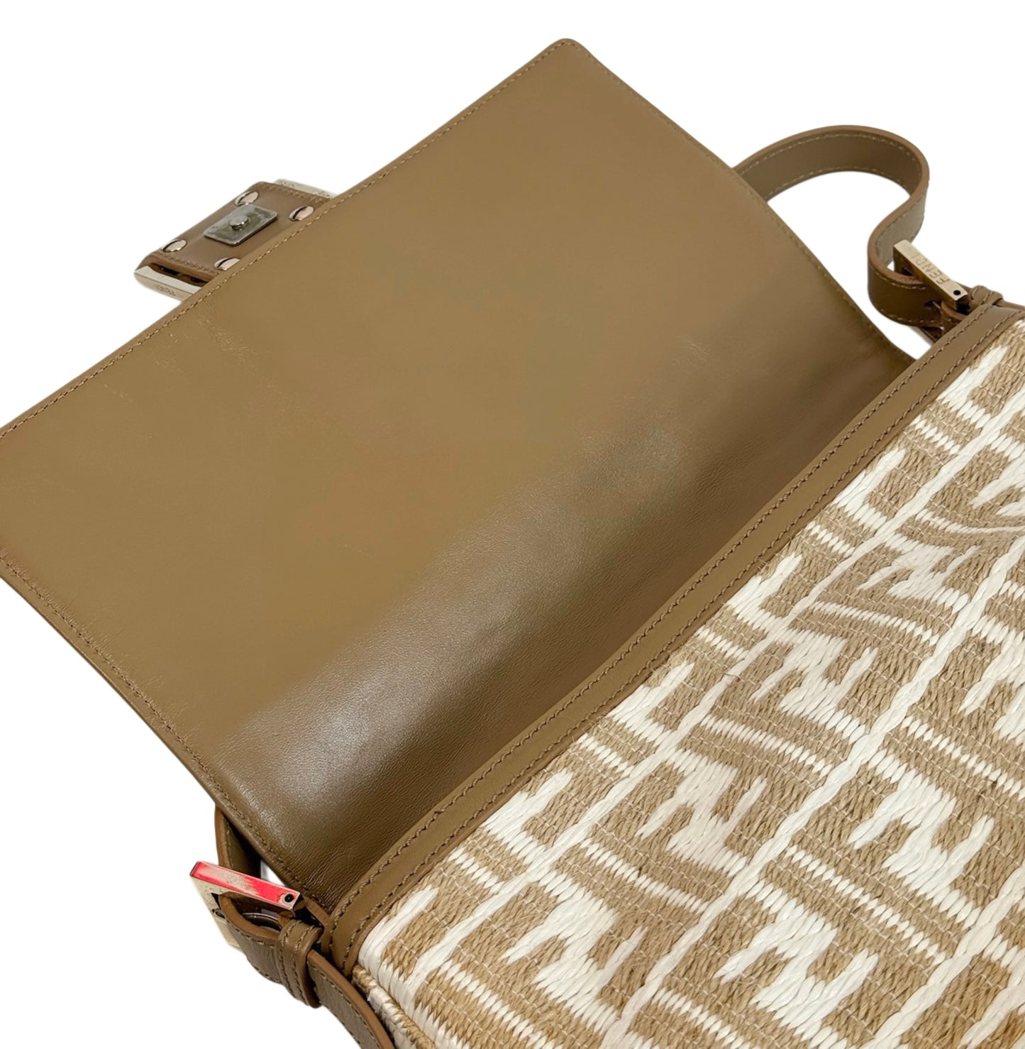 Fendi Vintage Beige & White Raffia Zucca Monogram Mamma Baguette Shoulder Bag