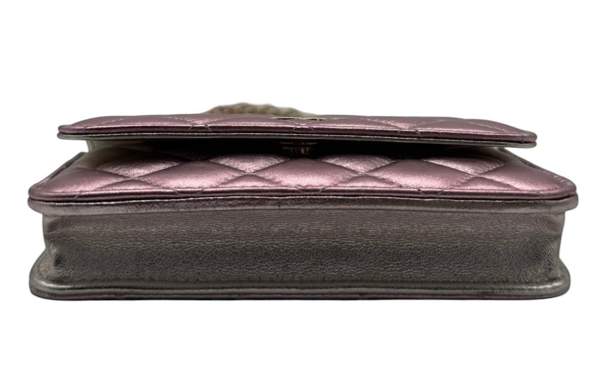 Chanel 2021 Metallic Pink & Silver Quilted Lambskin Coco Punk Clutch with Chain Mini Bag