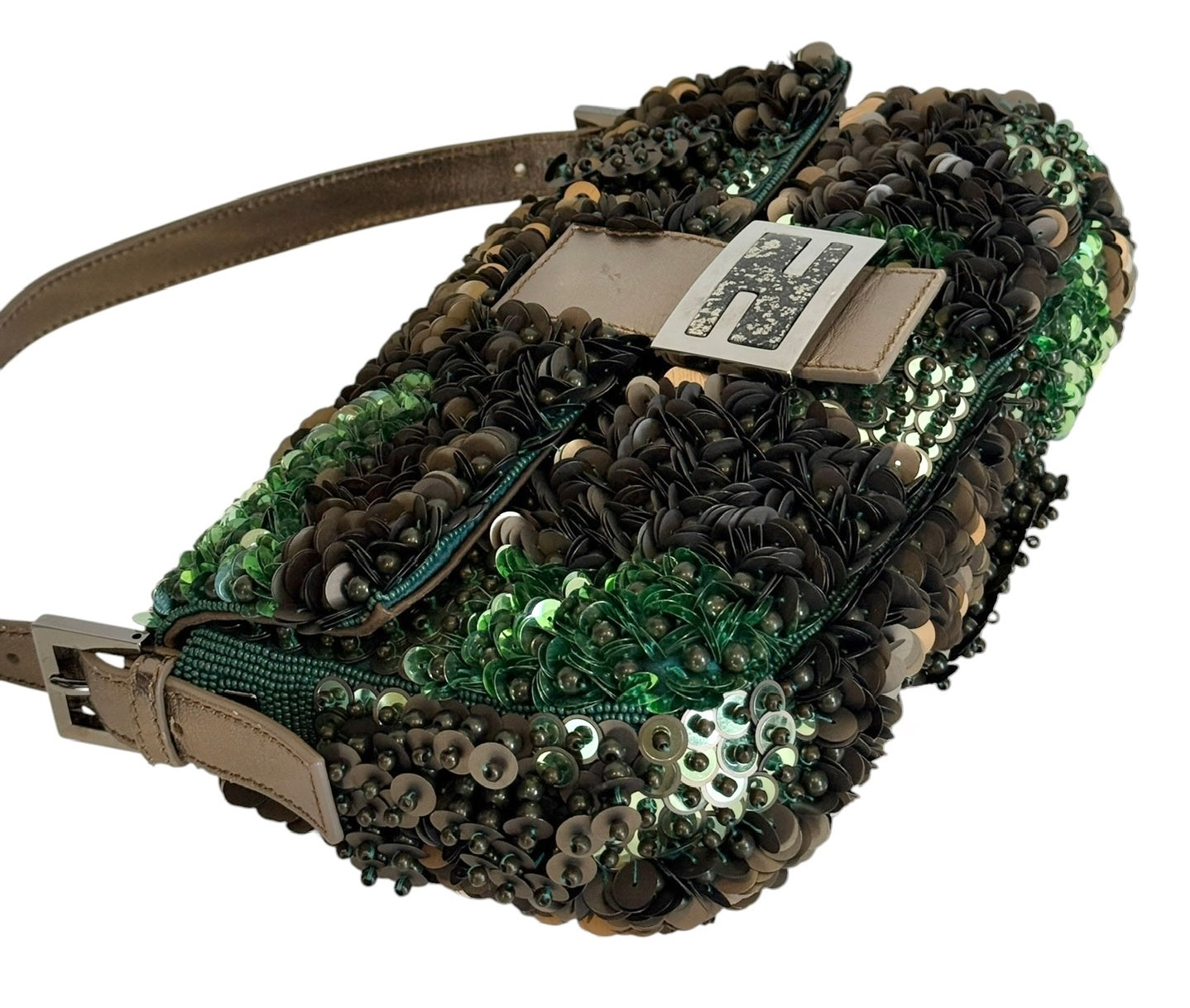 Fendi 2013 Camo Green 3D Beaded Sequin Embellished Shoulder Baguette Shoulder with Gunmetal Hardware