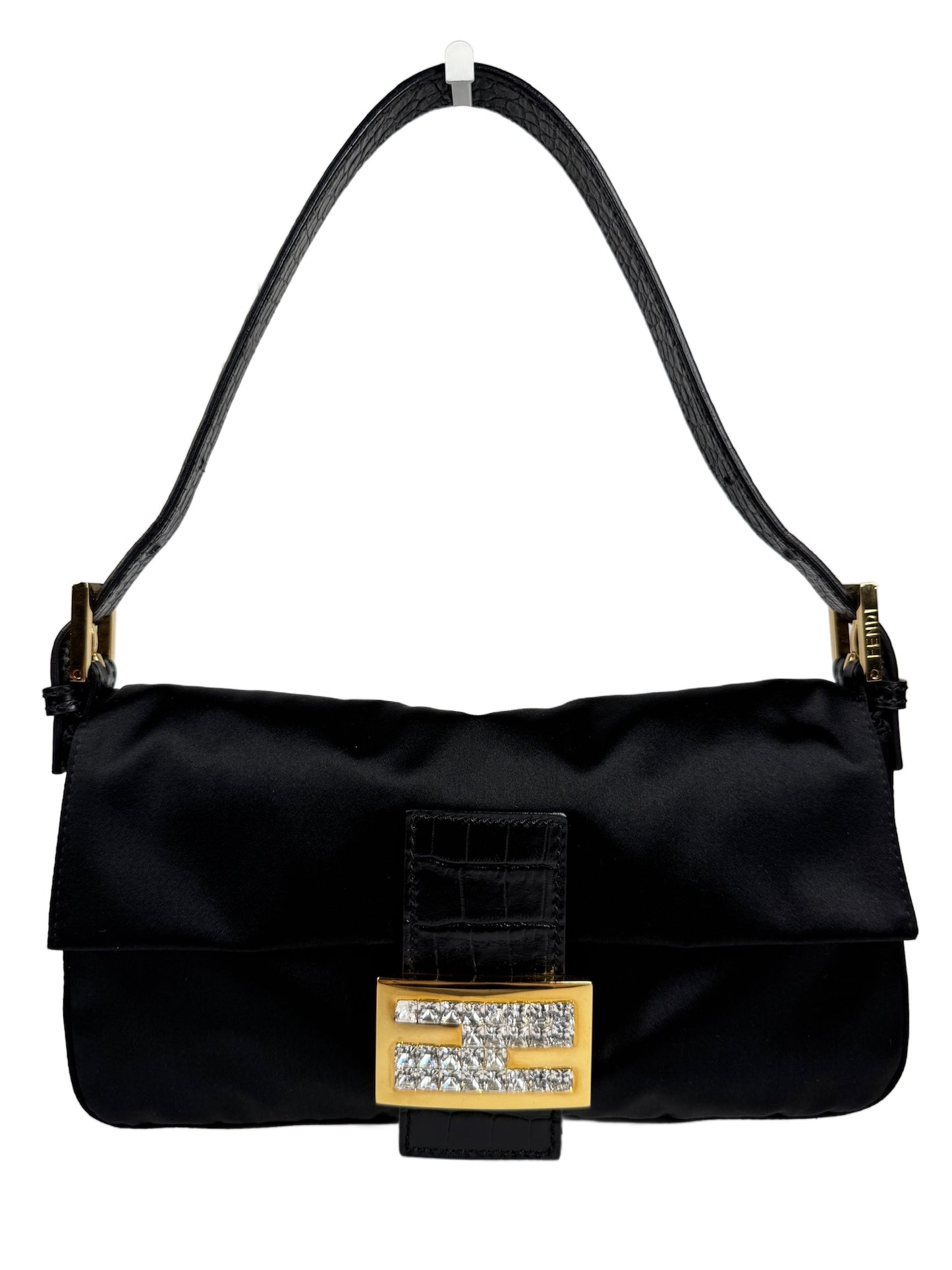 Fendi Black Satin Crystal Crocodile Trim Baguette Shoulder Bag