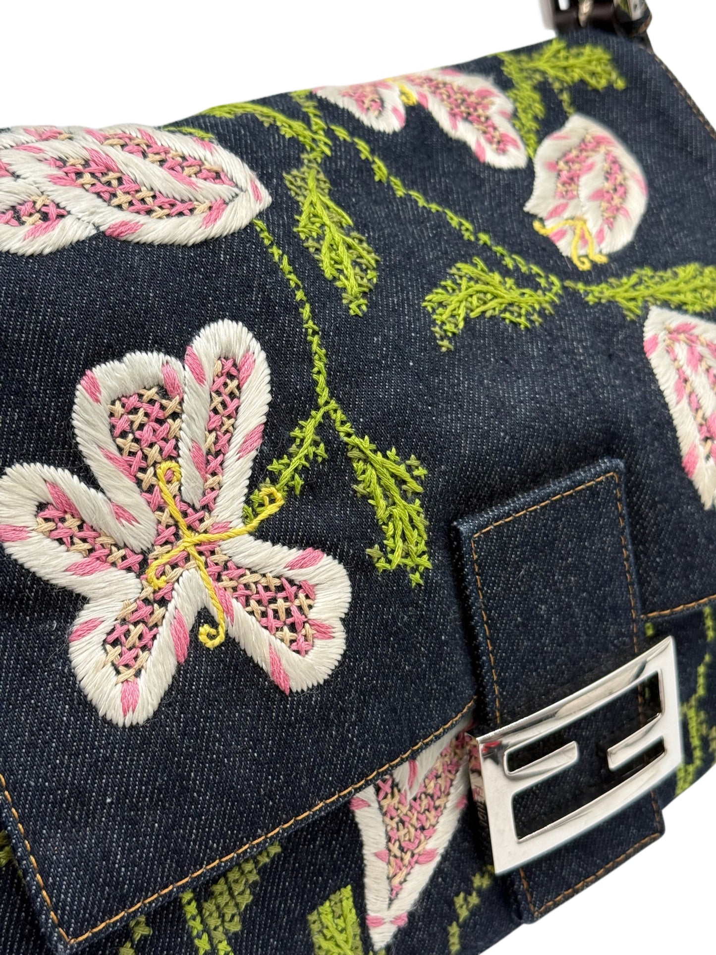 Fendi Vintage Blue Denim Pink Floral Embroidered Mamma Baguette Shoulder Bag