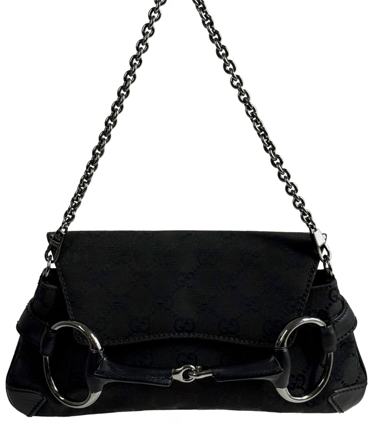Gucci Vintage Black GG Monogram Small Horsebit Shoulder Clutch Pochette Bag