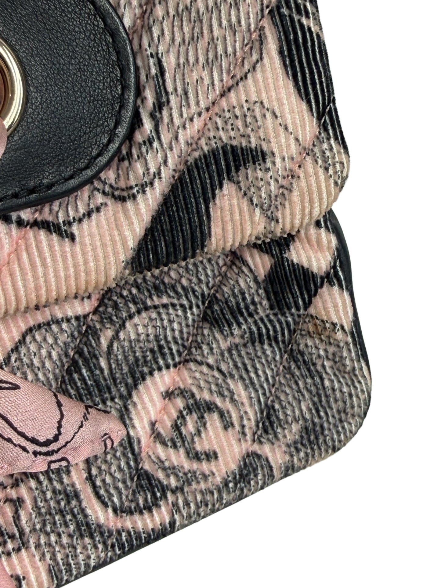 Chanel Pink & Black Corduroy CC Logo Camellia Motif Satin Bow Small Shoulder Classic Flap Bag