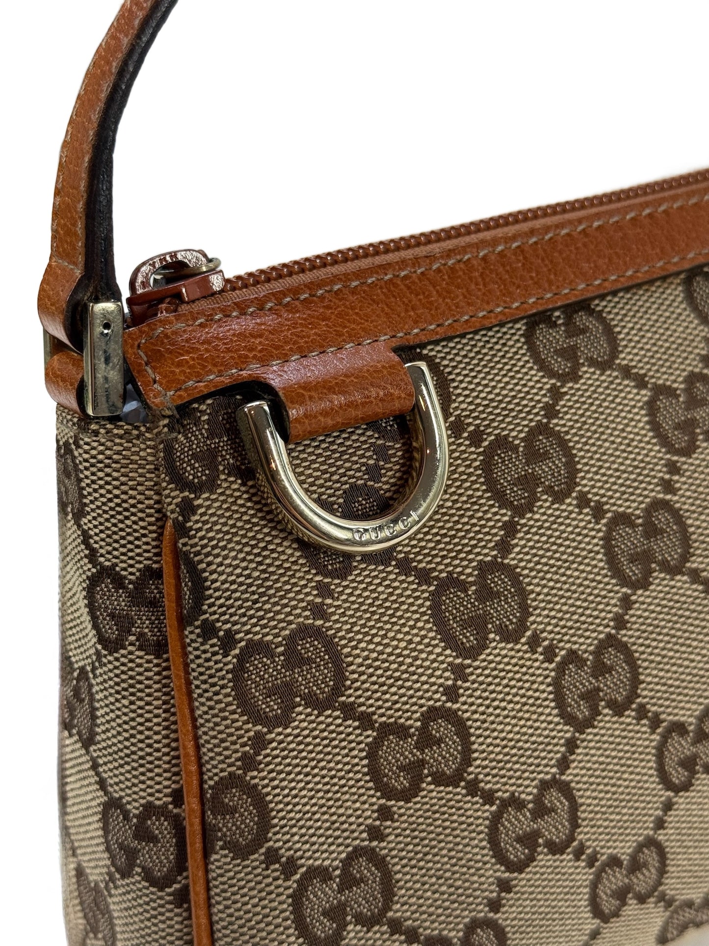 Gucci Vintage Brown GG Monogram Orange Leather Trim Abbey Pochette