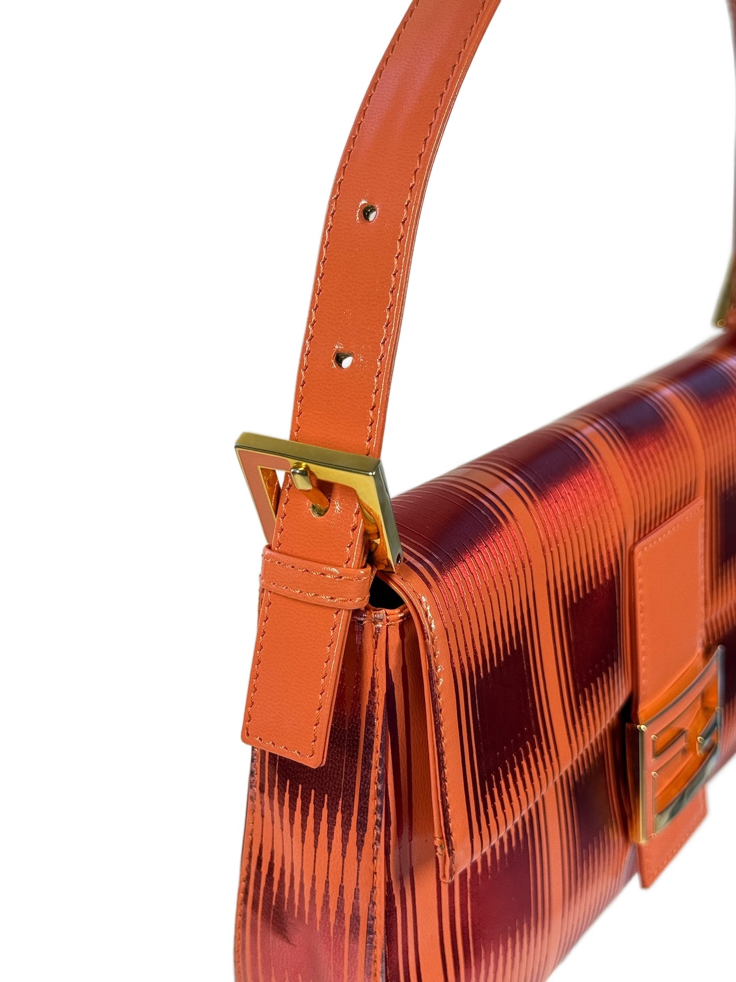 Fendi Vintage Orange Leather Metallic Red Shoulder Baguette Bag