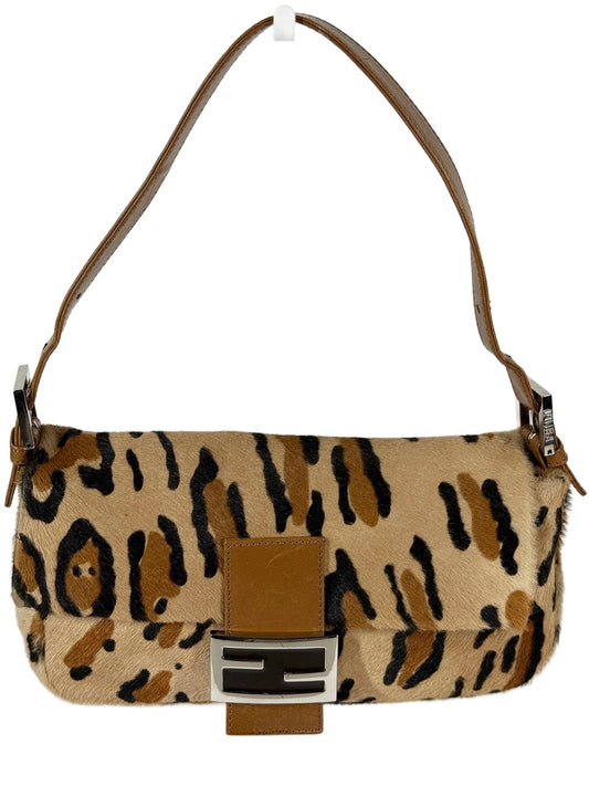 Fendi Vintage Beige Brown Leopard Print Pony Hair Shoulder Baguette Bag