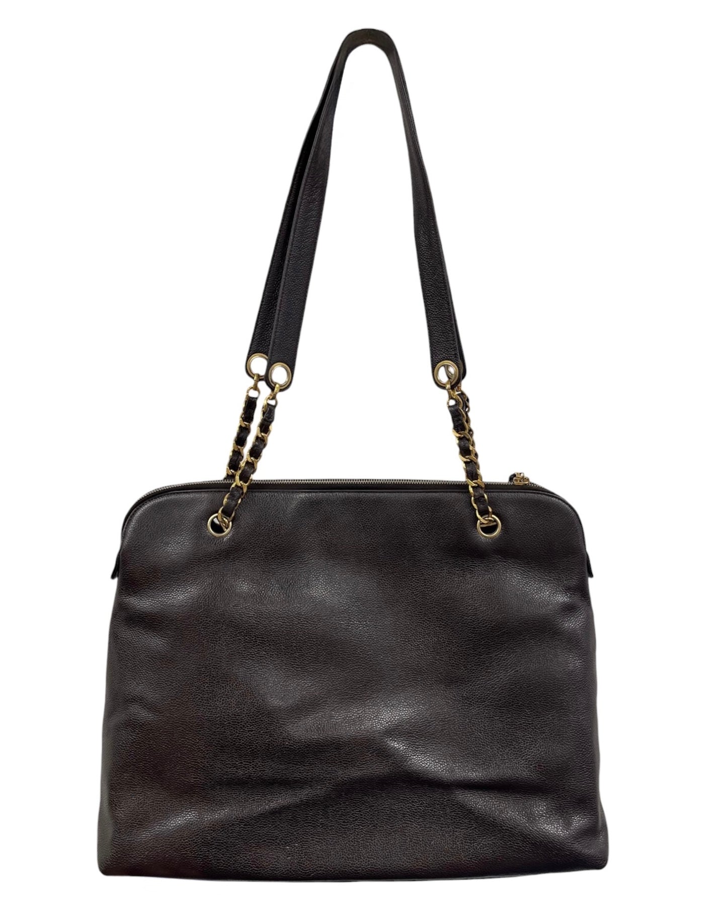 Chanel Vintage 90s Dark Brown Caviar Large CC Logo Zip Shoulder Tote Bag with 24K Gold Plated Hardware