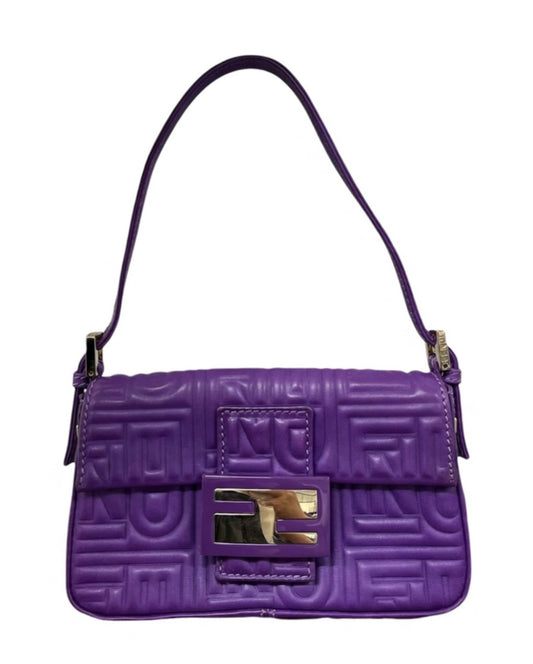 Fendi Purple Embossed Nappa Leather Logo Mini Shoulder Baguette Bag