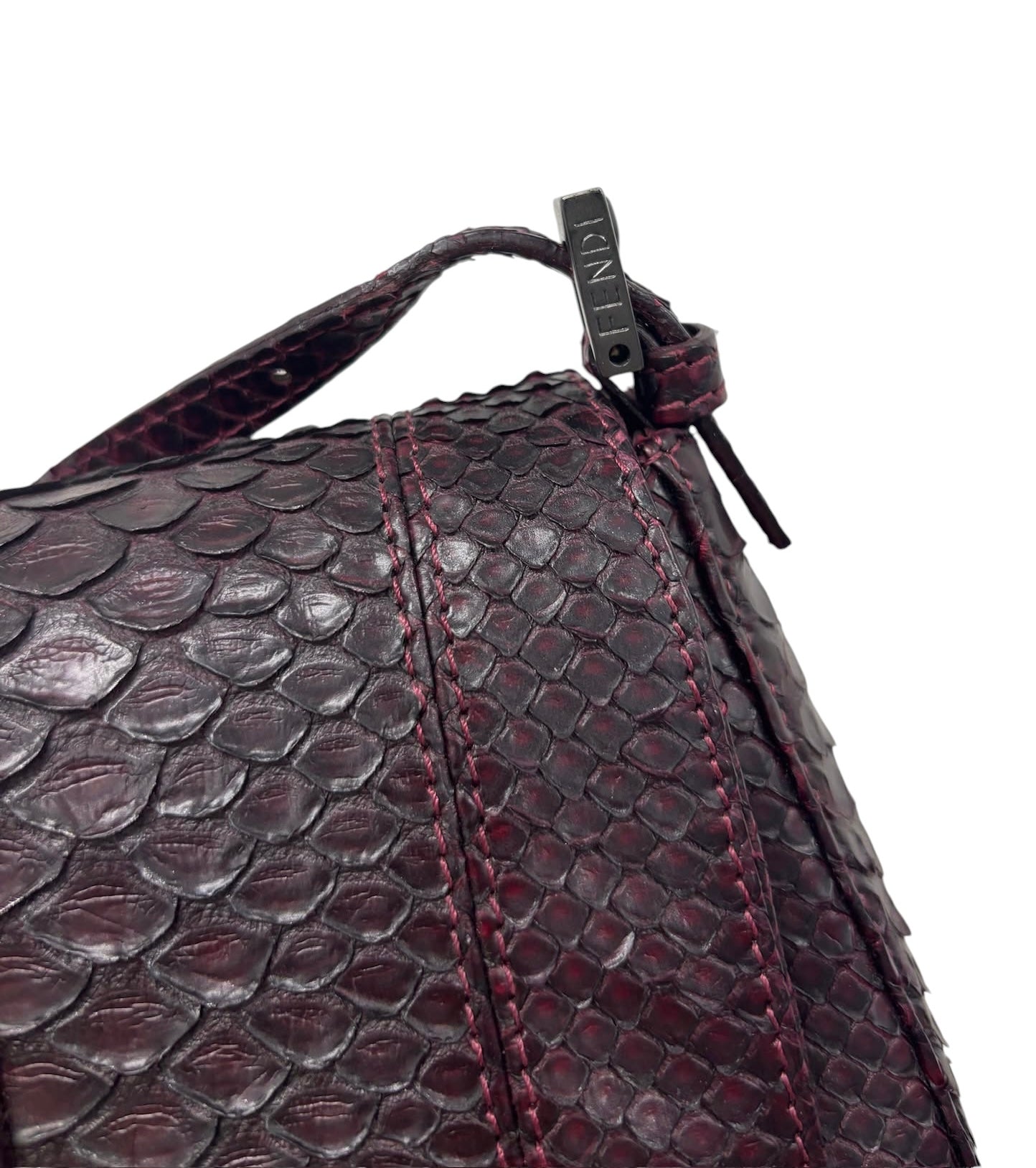 Fendi Vintage Bordeaux Python Leather Jeweled Logo Mini Mamma Shoulder Baguette Bag