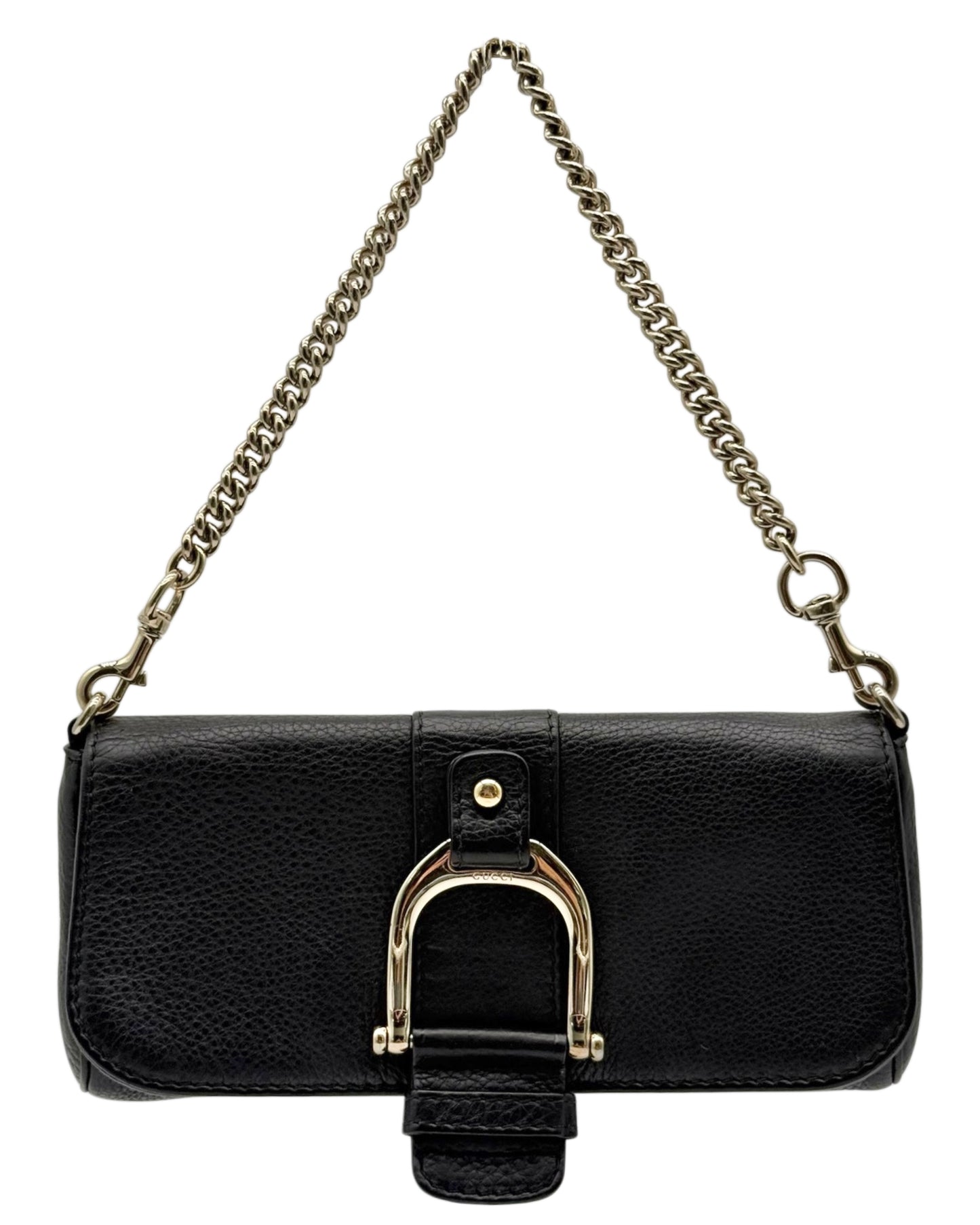 Gucci Vintage Black Pebbled Leather Half Bit Small Chain Pochette Shoulder Bag