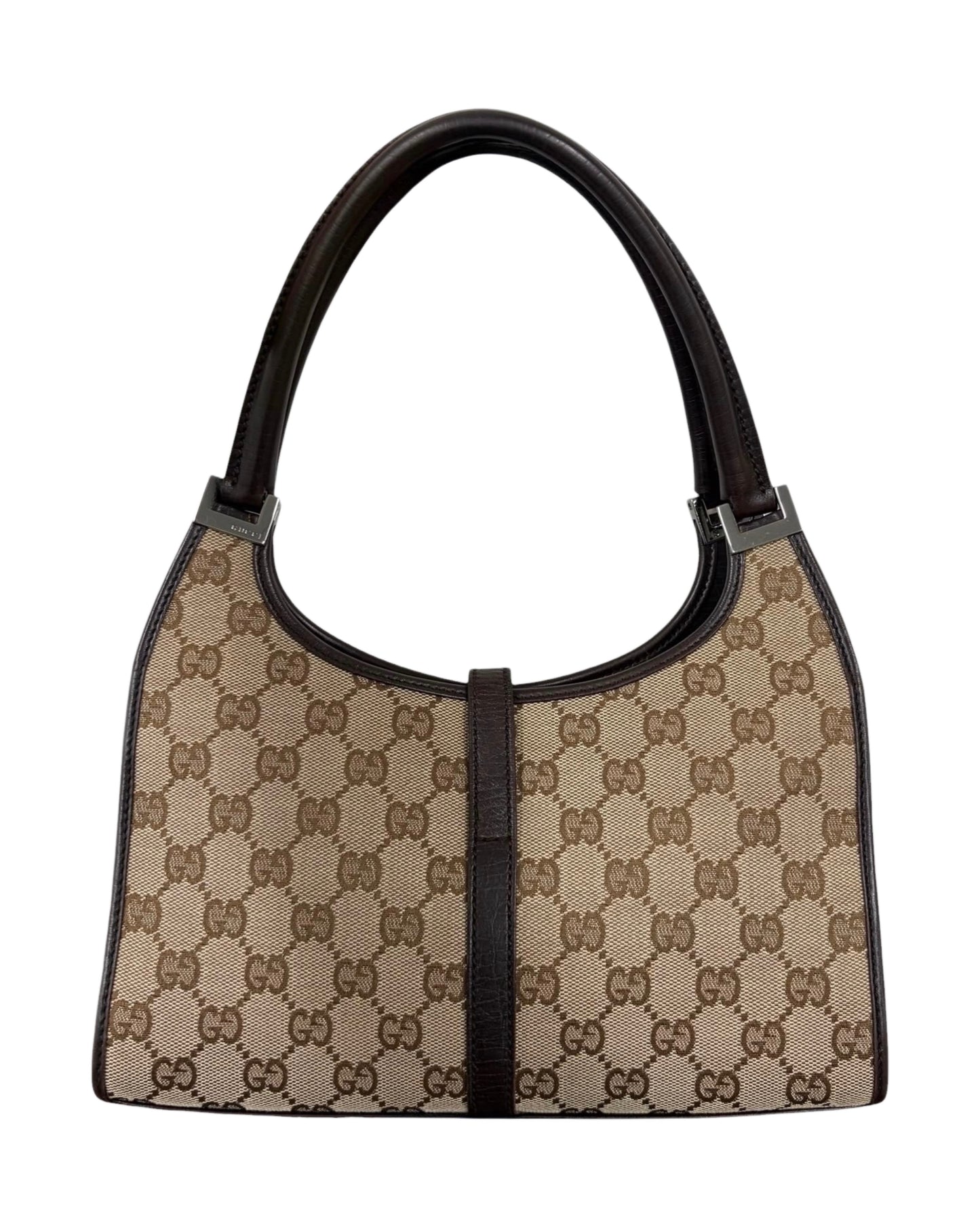 Gucci Vintage Brown GG Monogram Dark Brown Leather Trim Small Jackie Shoulder Bag