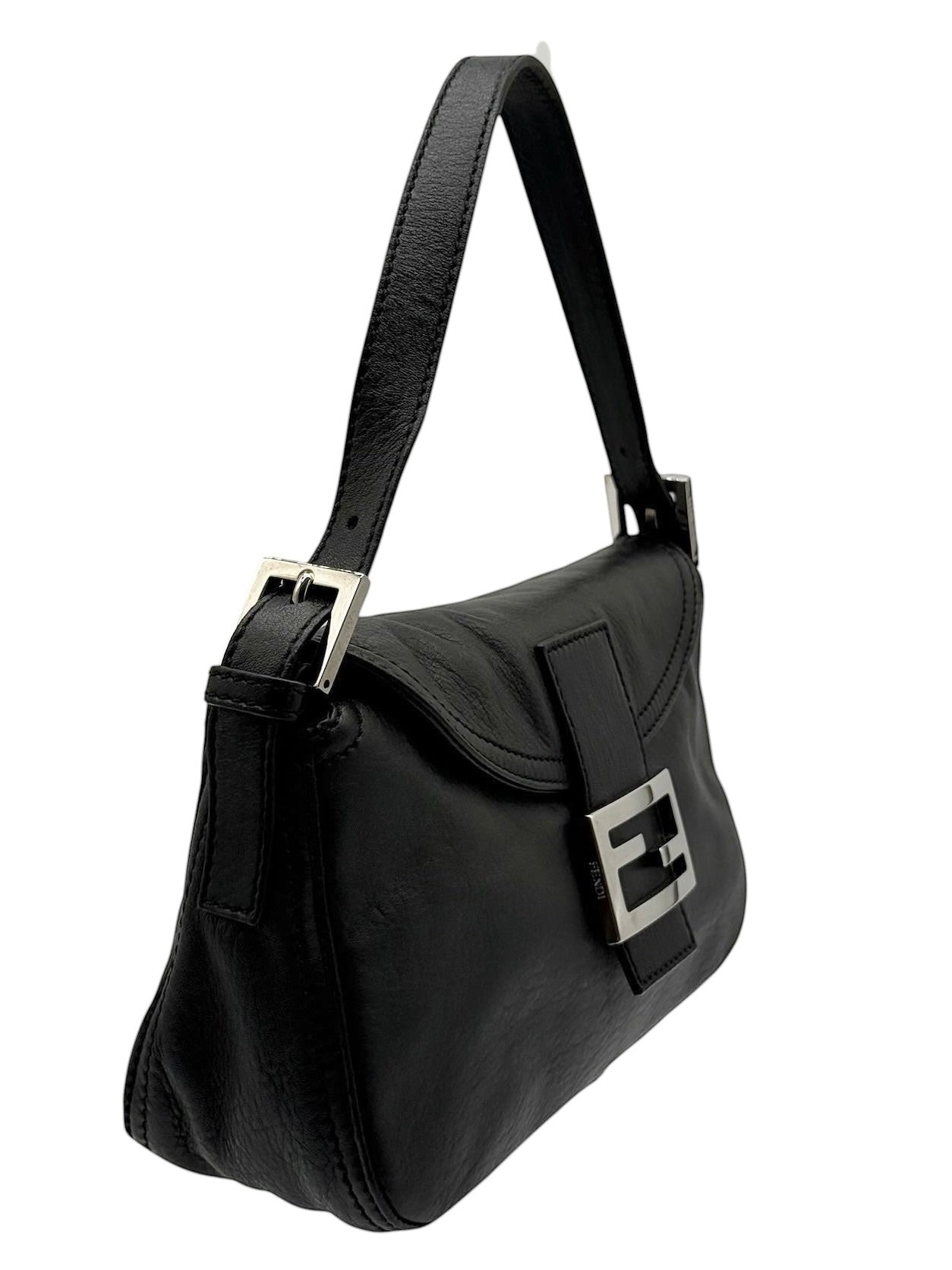 Fendi Vintage Black Selleria Leather Double Flap Shoulder Baguette Bag