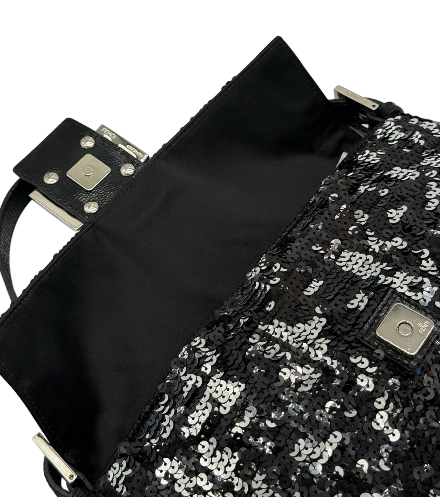 Fendi Vintage Black & Silver Sequin Zucca Monogram Shoulder Baguette Bag w Lizard Trim