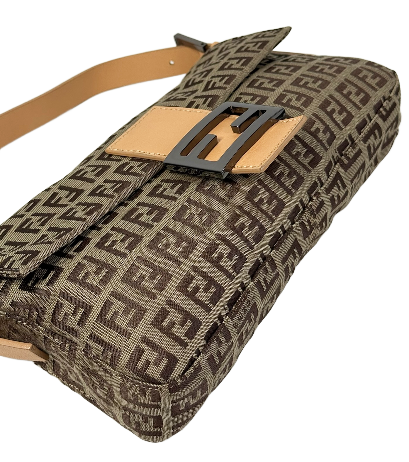 Fendi Vintage Light Brown Zucca Monogram Caramel Leather Trim Shoulder Baguette Bag