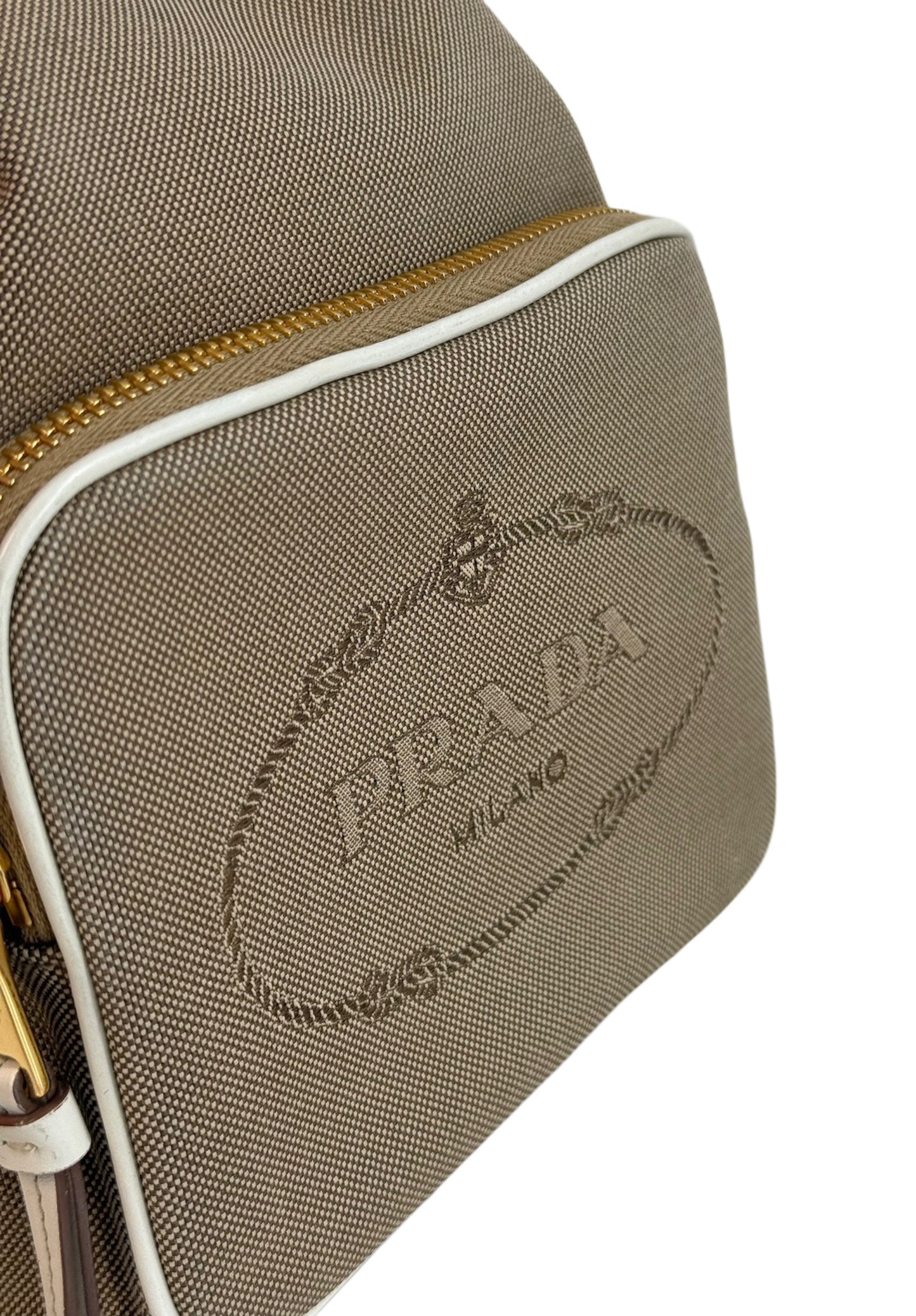Prada Vintage Beige Jacquard Canapa Canvas Small Drawstring Bucket Shoulder Bag w Ivory Leather Trim