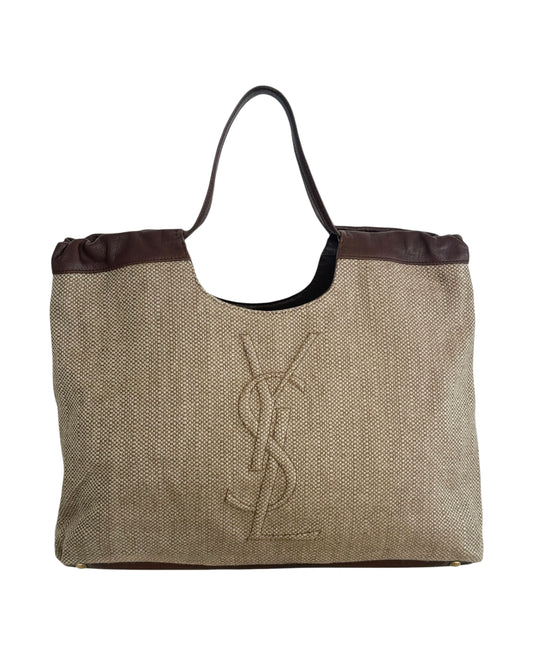 YSL 2012 Beige Linen Belle De Jour Cabas Large Shoulder Tote Bag