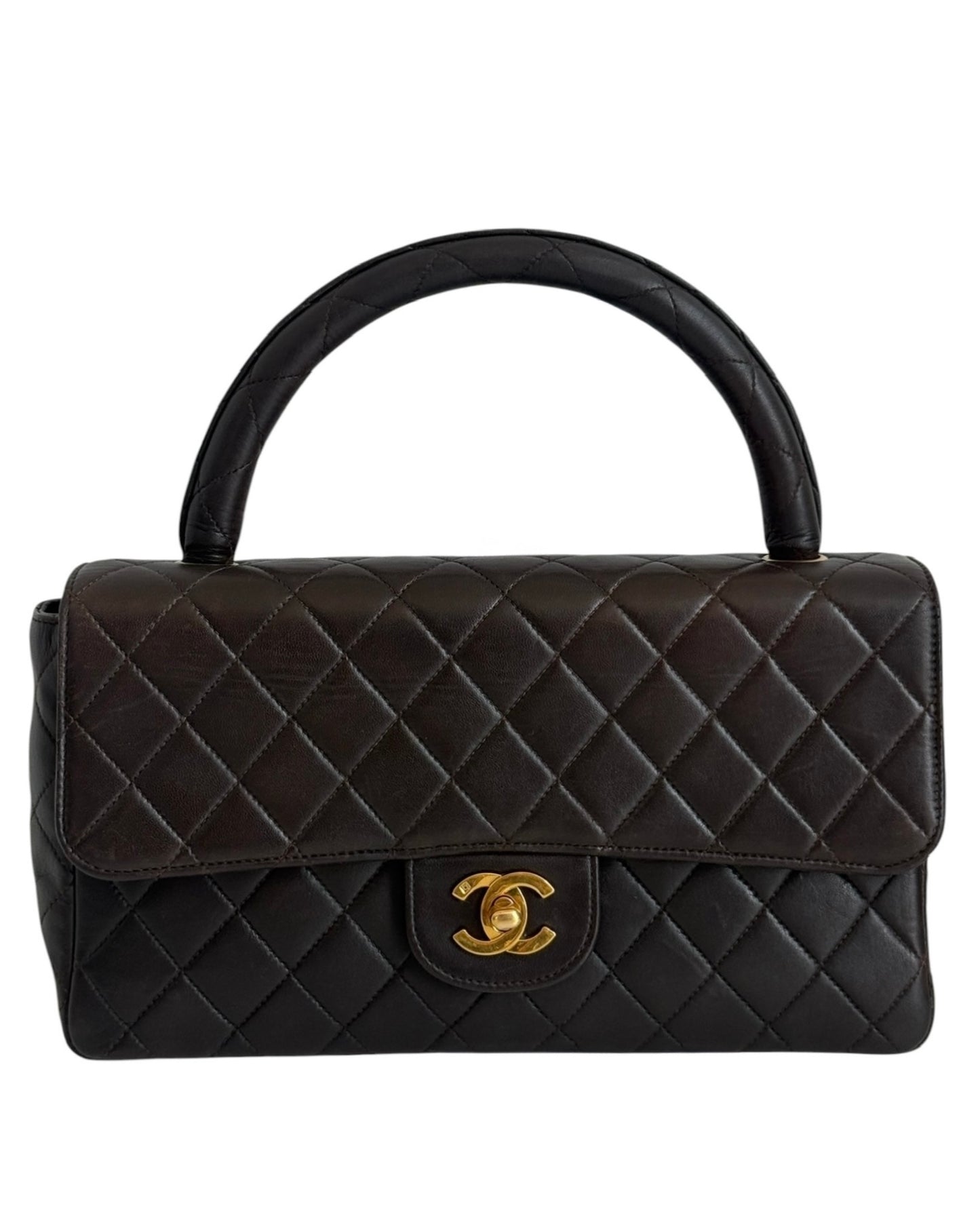 Chanel Vintage 90s Dark Brown Quilted Lambskin Medium Kelly Top Handle Parent Flap Bag w 24K Gold Plated Hardware