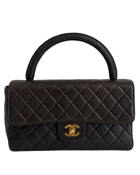 Chanel Vintage 90s Dark Brown Quilted Lambskin Medium Kelly Top Handle Parent Flap Bag w 24K Gold Plated Hardware