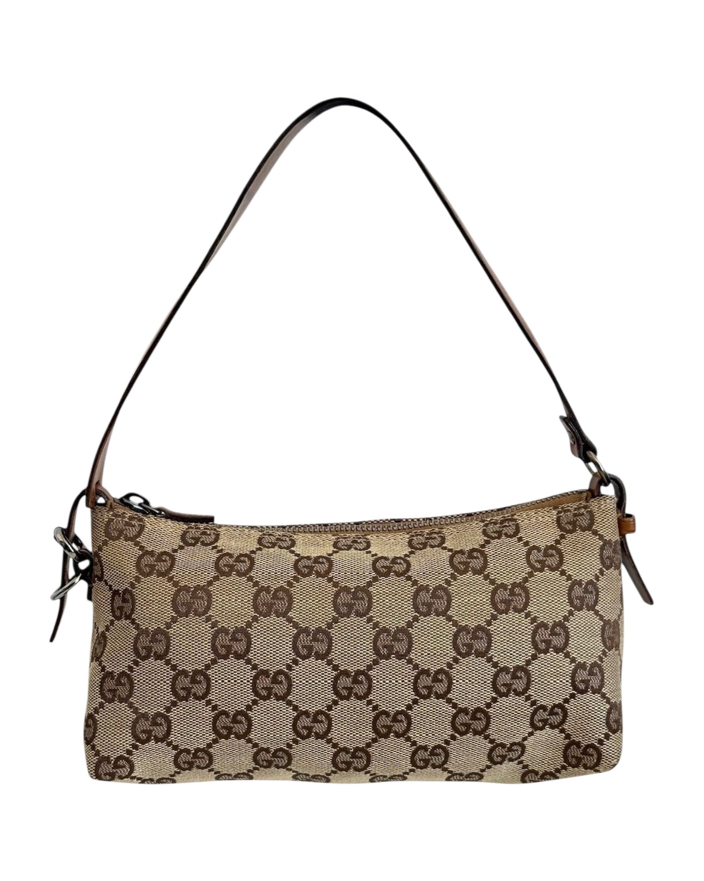 Gucci Vintage Brown GG Monogram Light Brown Leather Trim Small Pochette Bag