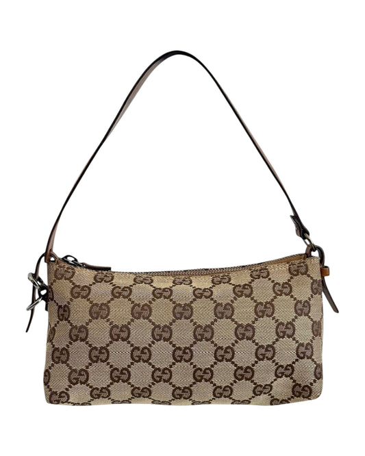 Gucci Vintage Brown GG Monogram Light Brown Leather Trim Small Pochette Bag