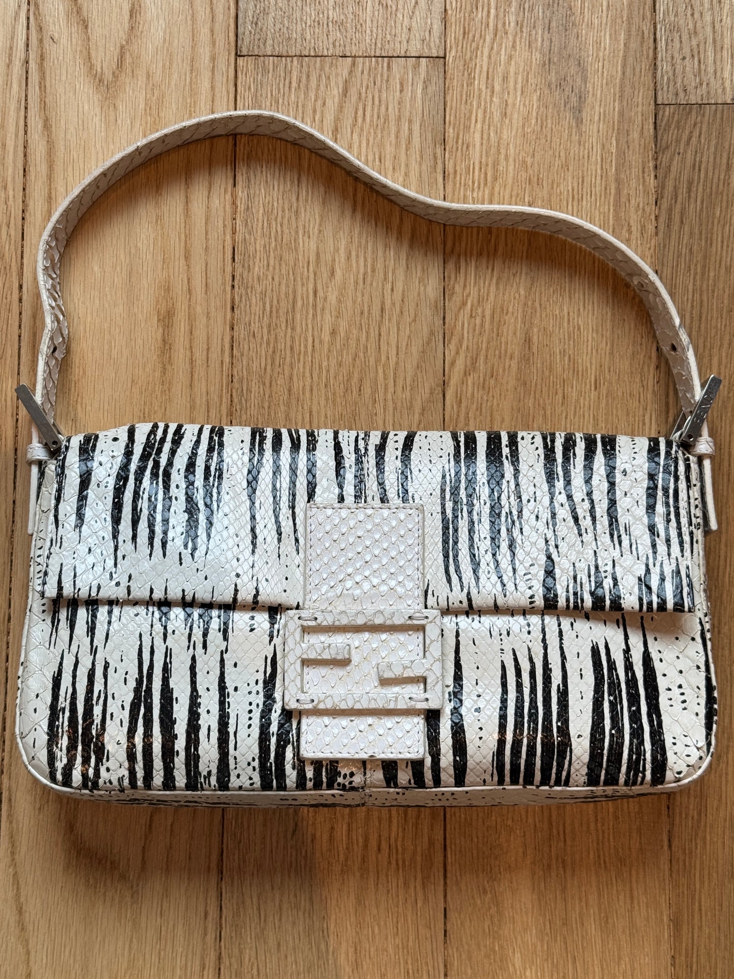 Fendi Vintage White & Black Zebra Print Snakeskin Baguette Shoulder Bag