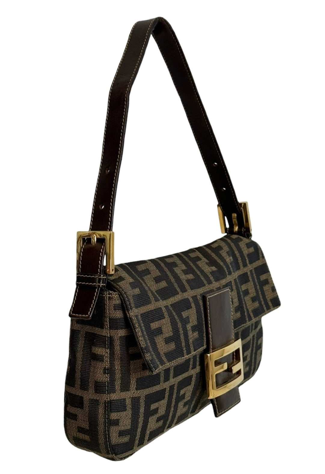 Fendi Vintage Brown Zucca Monogram Classic Shoulder Bag Baguette with Gold Hardware
