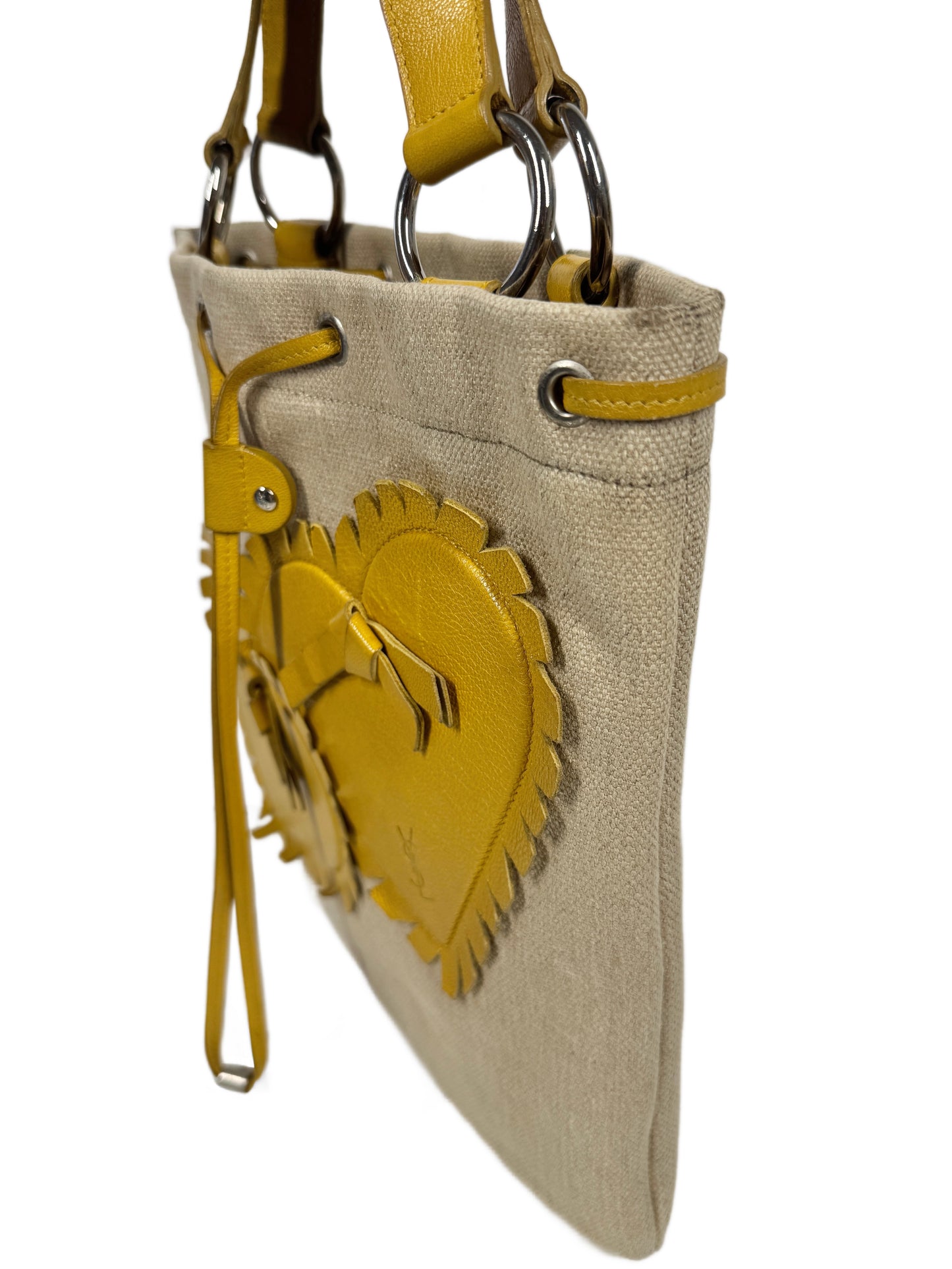 YSL / Yves Saint Laurent Vintage Yellow Leather & Canvas Heart Embellished Mini / Small Shoulder Tote Bag