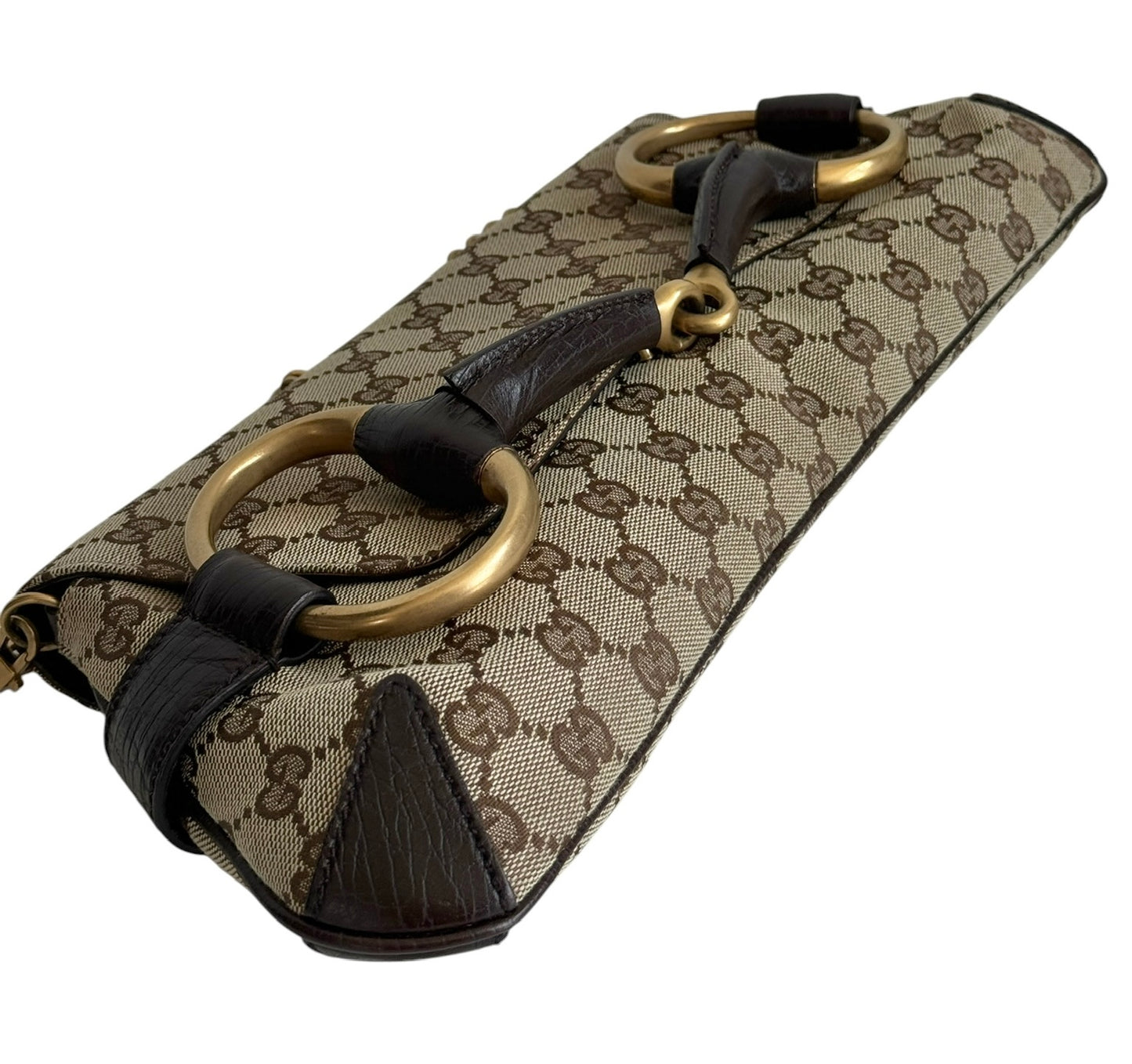Gucci Vintage Brown GG Monogram Large Horsebit Shoulder Clutch Pochette Bag