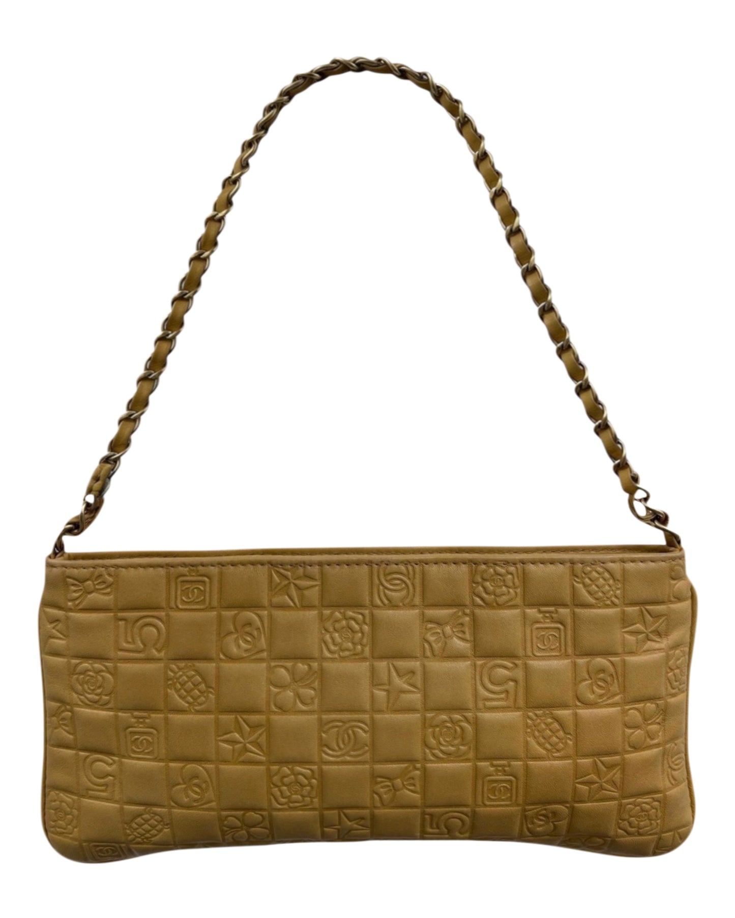 Chanel Vintage 00s Beige Quilted Chocolate Bar Lambskin Motif Logo Flat Pochette 