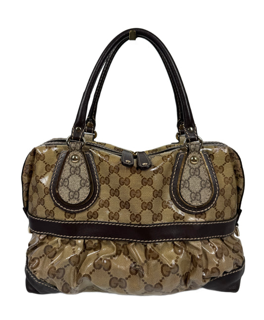 Gucci Vintage Coated Brown GG Monogram Canvas Crystal Mix Ruffle Handbag