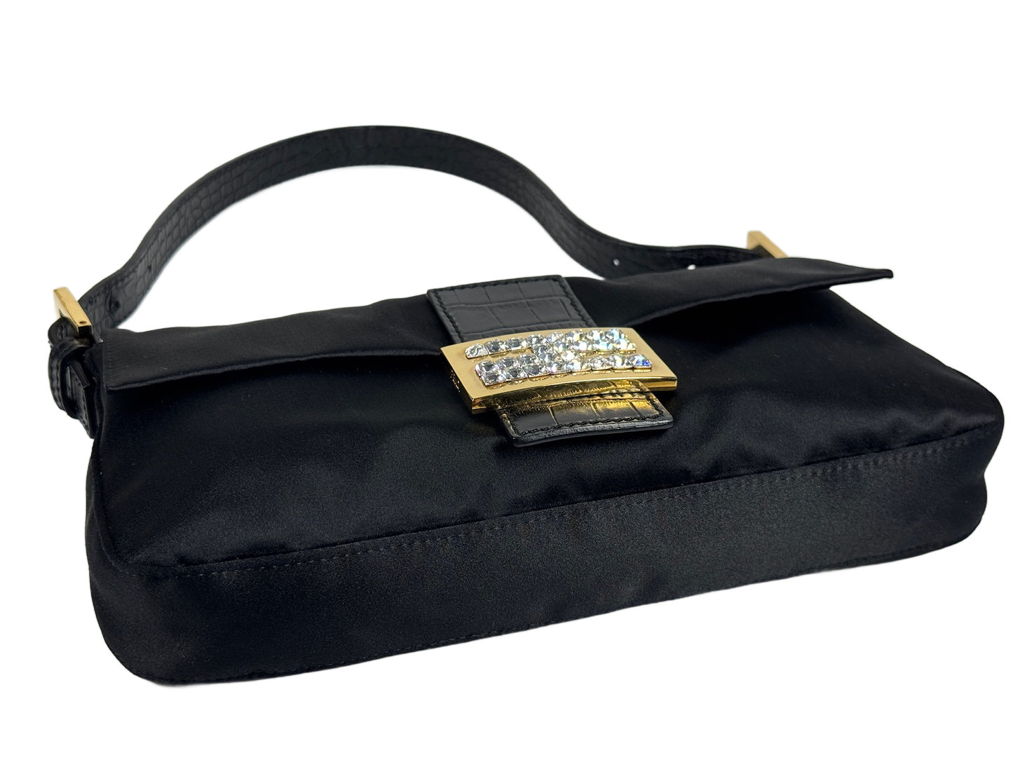 Fendi Black Satin Crystal Crocodile Trim Baguette Shoulder Bag