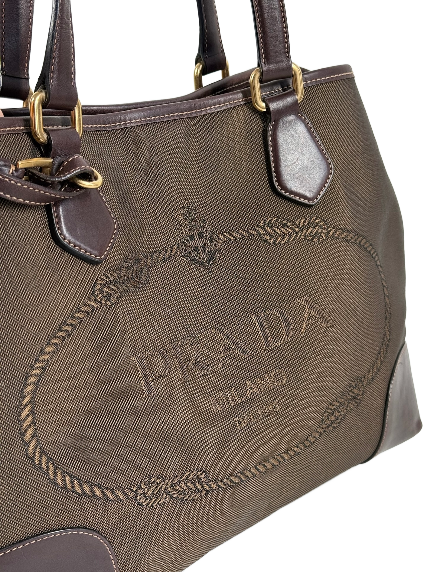 Prada Vintage Brown Jacquard Canapa Canvas Medium Shoulder Tote Bag
