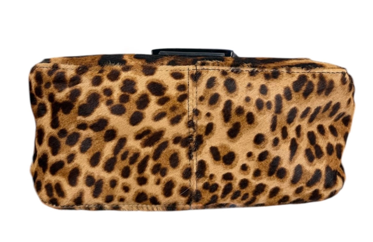Fendi Vintage Leopard Print Pony Hair Marble Logo Mini Mamma Shoulder Baguette Bag