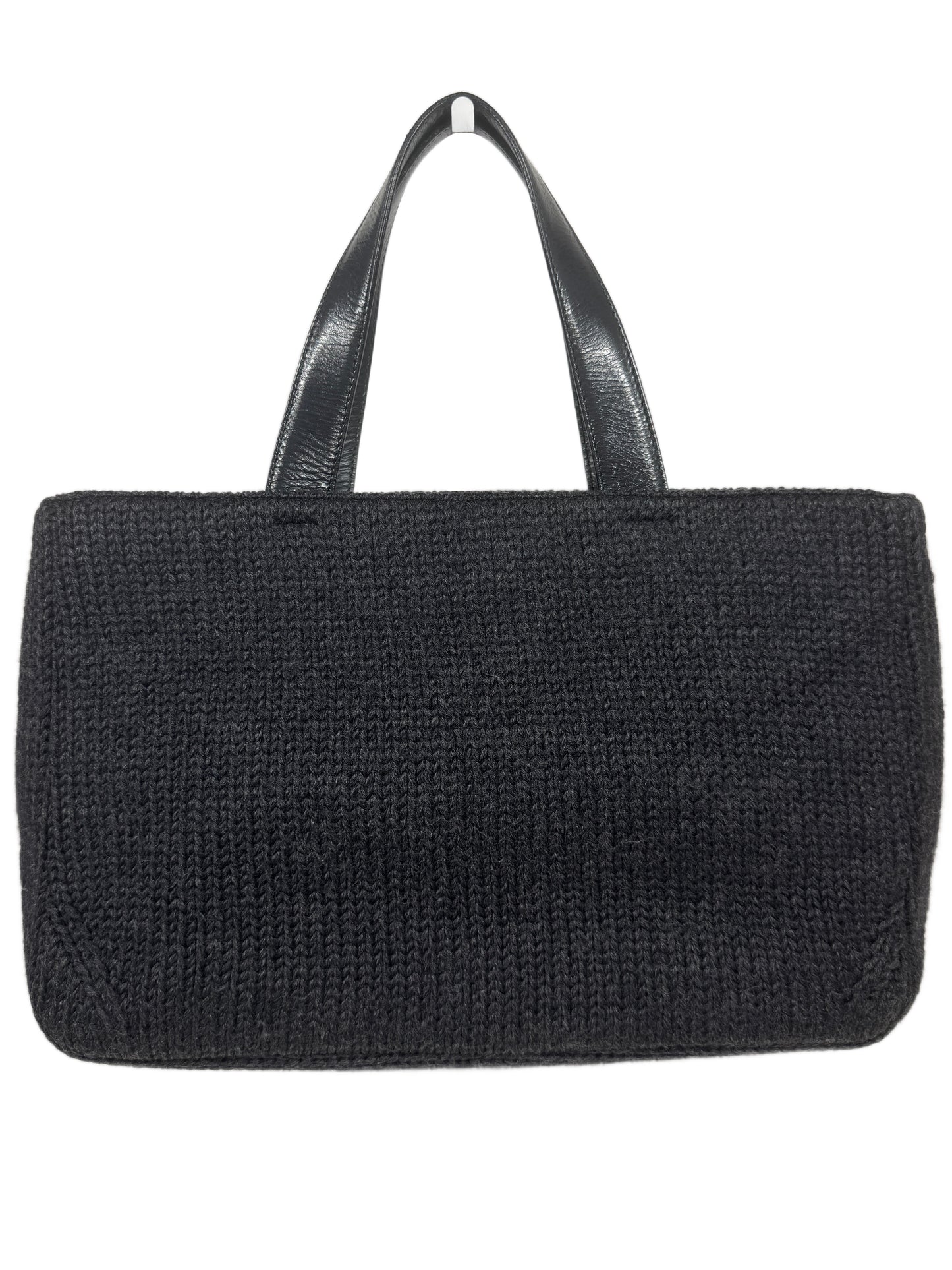 Prada Vintage Dark Gray Knit with Black Leather Trim Top Handle Tote Bag