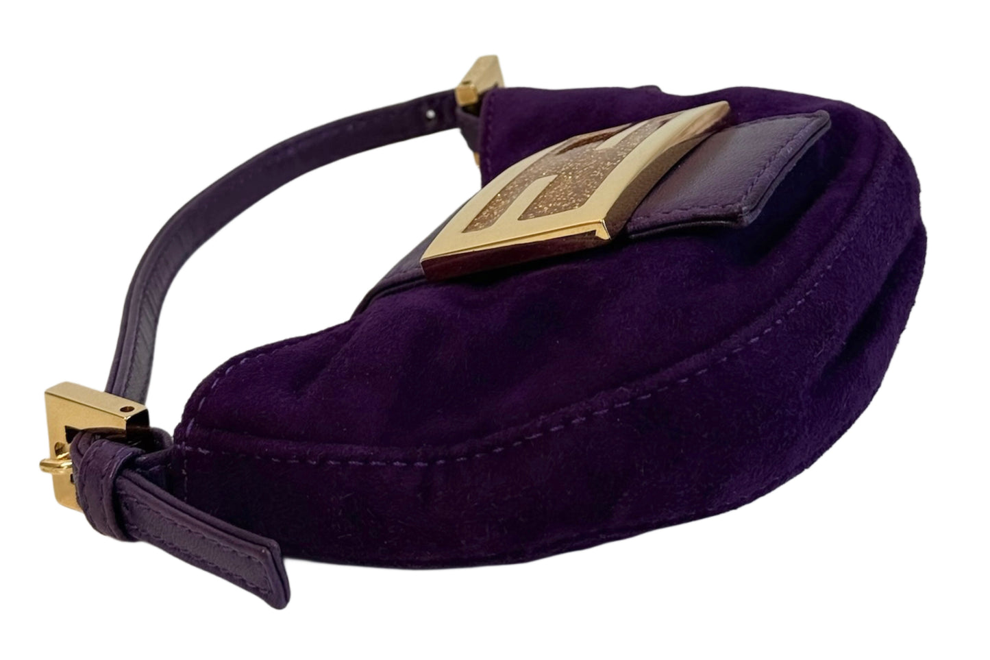 Fendi Vintage Purple Suede Gold Glitter Logo Mini Croissant Baguette Bag