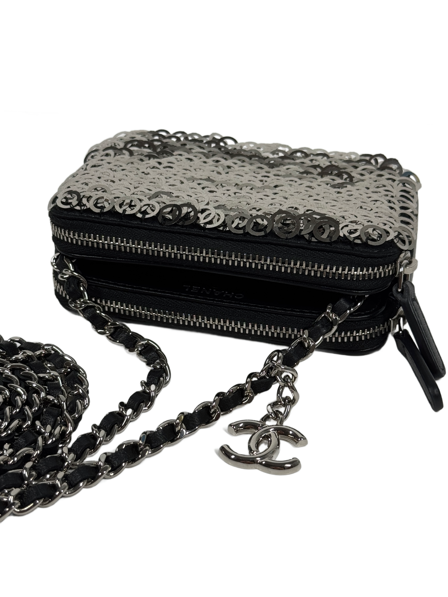 Chanel Silver Sequin & Black Leather Mini Double Zip Chain Shoulder & Crossbody Bag