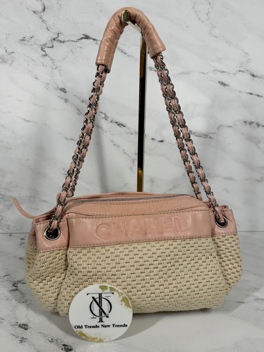 Chanel Vintage Baby Pink Lambskin Ivory Cotton Woven Shoulder Bag