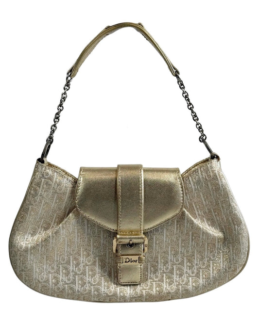 Dior Vintage 2002 Metallic Gold Trotter Monogram Mini Evening Pochette Bag