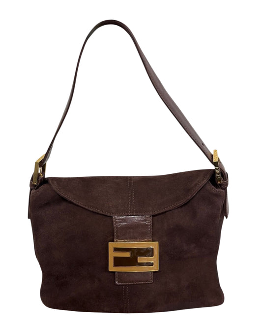 Fendi Vintage Brown Suede Double Flap Bucket Shoulder Baguette Bag 